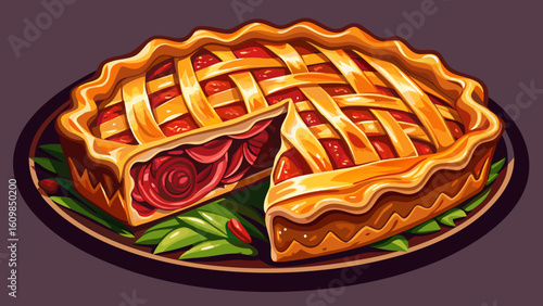 very Beautiful Sliced Flaky Meat Pie with Savory Filling on white Background