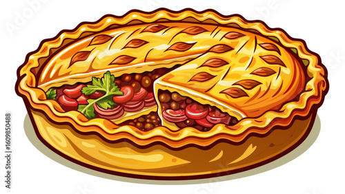 very Beautiful Sliced Flaky Meat Pie with Savory Filling on white Background