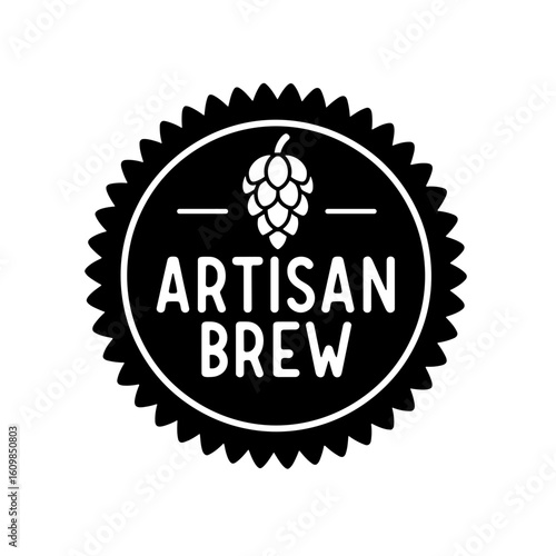 Artisan Brew seal with hop graphic in black and white design  