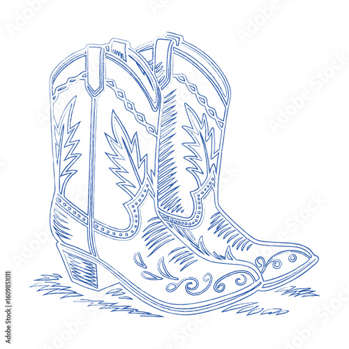 Pair of western cowboy boots. Hand-drawn vector sketch of rodeo footwear for a Wild West or ranch-themed design. Vintage country-style illustration.