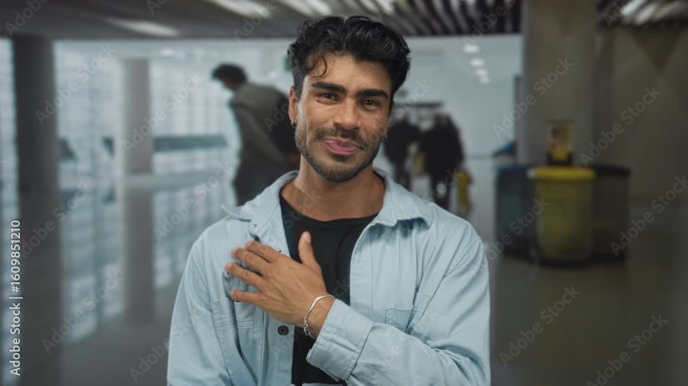 Young hispanic man smiles revealing white teeth in a spacious bright airport terminal; friendly greeting. Young hispanic man smiles revealing white teeth in a spacious bright airport terminal; friendly greeting.