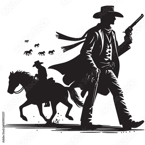 Silhouette of a Cowboy on Horseback at Sunset

Western Cowboy Silhouette Against Dramatic Sky

Cowboy Riding Horse – Vintage Wild West Silhouette

Lone Cowboy Silhouette with Hat and Lasso

