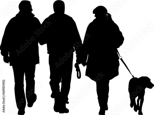 Silhouette of two people walking away from the viewer with a dog between them.
The perspective is from behind rather than profile.