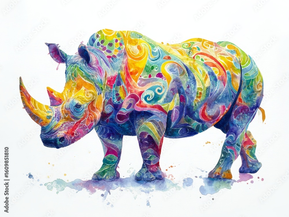 Fototapeta premium Watercolor painting of a rhinoceros standing in profile with abstract rainbow patches of yellow, green, blue, purple and red on its body and horn, on a white background, wildlife art
