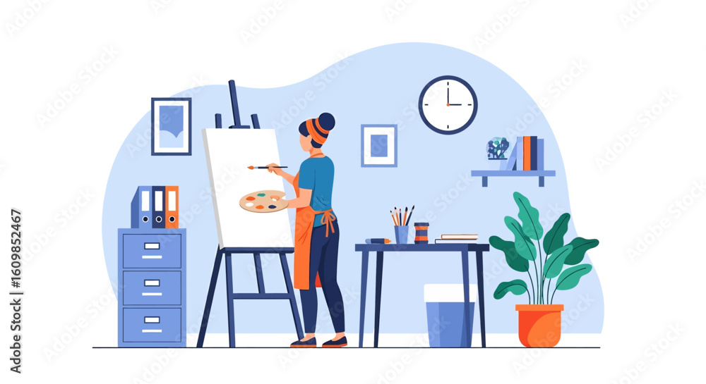 Adobe illustrator flat style illustration of a woman painting a portrait sketch on a canvas with a brush and palette in a cozy art studio. Ideal for art and hobby theme Adobe illustrator flat style illustration of a woman painting a portrait sketch on a canvas with a brush and palette in a cozy art studio. Ideal for art and hobby theme