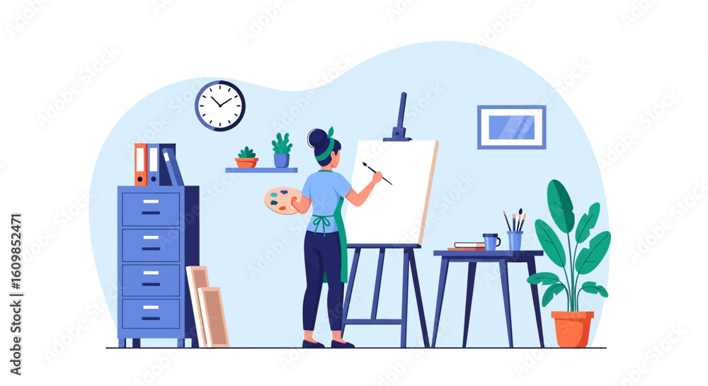 Obraz premium Adobe illustrator flat style illustration of a woman painting a portrait sketch on a canvas with a brush and palette in a cozy art studio. Ideal for art and hobby theme