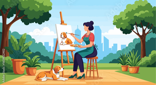 Adobe illustrator flat style illustration of a woman painting her dog on a canvas in a park with trees and a city skyline in the background. Ideal for pet art and outdoor hobbies