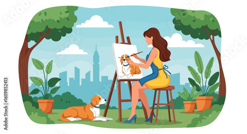 Adobe illustrator flat style illustration of a woman painting her dog on a canvas in a park with trees and a city skyline in the background. Ideal for pet art and outdoor hobbies