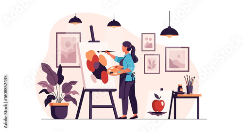 Adobe illustrator flat style illustration of a woman painting a portrait sketch on a canvas with a brush and palette in a cozy art studio. Ideal for art and hobby theme