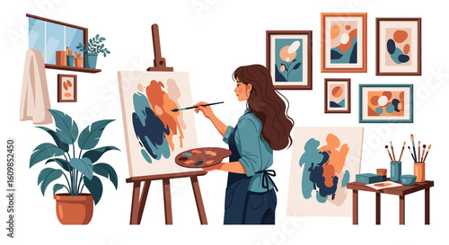 Adobe illustrator flat style illustration of a woman painting a portrait sketch on a canvas with a brush and palette in a cozy art studio. Ideal for art and hobby theme