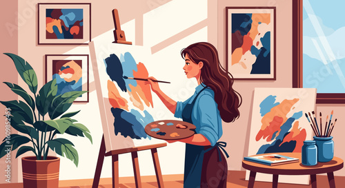 Adobe illustrator flat style illustration of a woman painting a portrait sketch on a canvas with a brush and palette in a cozy art studio. Ideal for art and hobby theme