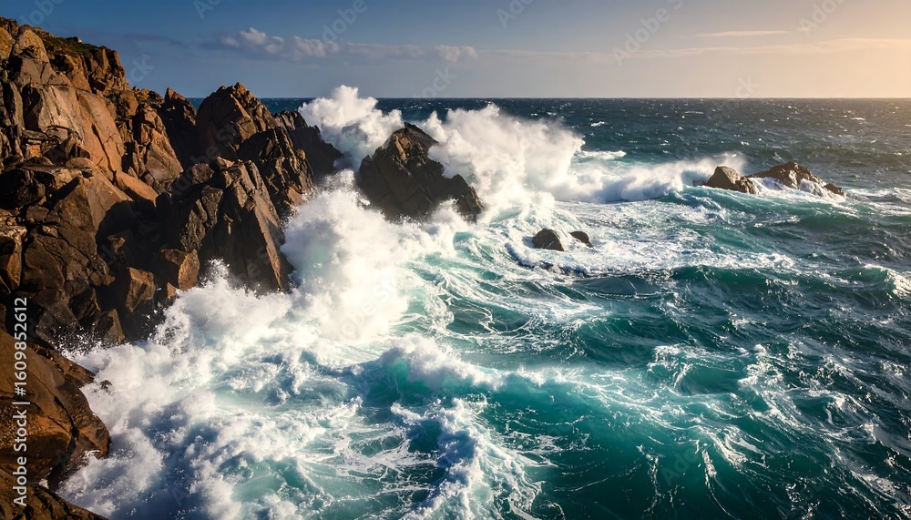 Dramatic ocean waves crashing against rocky coastline Dramatic ocean waves crashing against rocky coastline