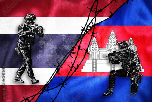 Grunge flags of Thailand and Cambodia divided by barb wire illustration