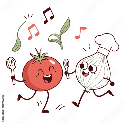 Happy tomato and onion dancing with spoons and music notes