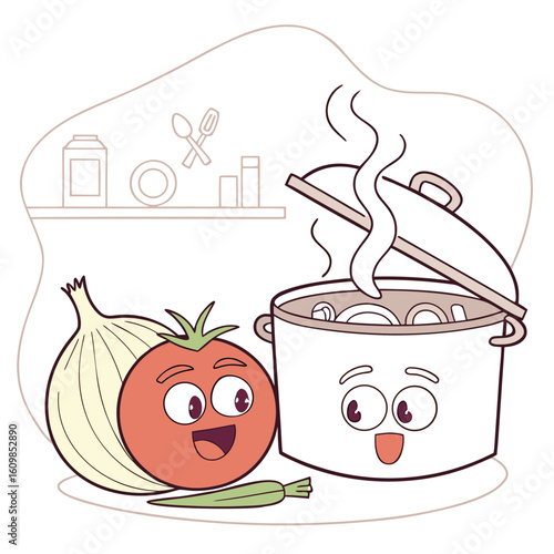Tomato and onion watching a pot of food cooking in the kitchen
