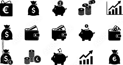 Finance icons. Business Icons, money signs. Money silhouette collection. Wallet with cards icon. Coins silhouette icon. Growth chart. Moneybag or stash. Piggy bank flat style - stock vector.