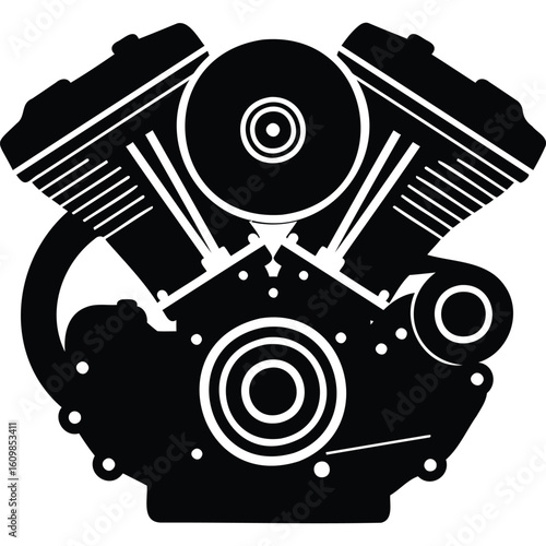 Powerful V-Twin Motorcycle Engine Silhouette, Black and White Graphic