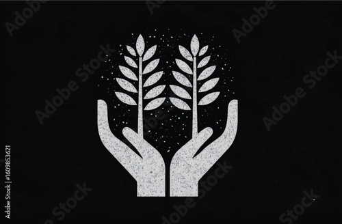 Symbolic hands holding wheat stalks representing growth agriculture and sustainability against a dark background providing a minimalist and meaningful design