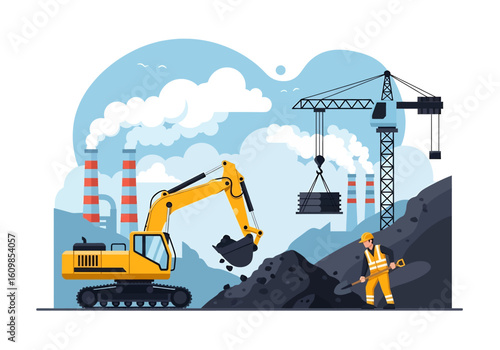 Adobe illustrator flat style illustration of a coal mining site with an excavator loading coal, a worker shoveling, a crane lifting, and a factory with smoking chimneys. Ideal for heavy industry theme