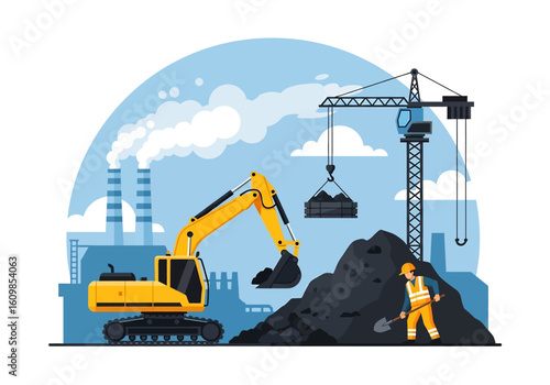 Adobe illustrator flat style illustration of a coal mining site with an excavator loading coal, a worker shoveling, a crane lifting, and a factory with smoking chimneys. Ideal for heavy industry theme