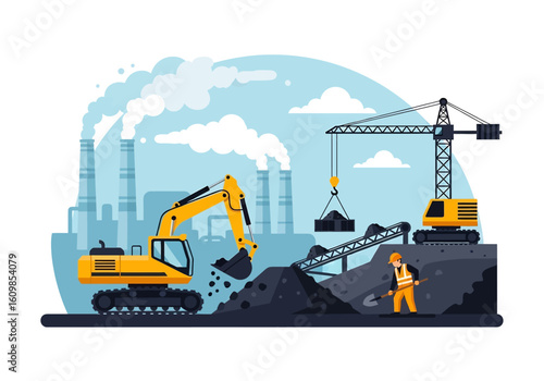 Adobe illustrator flat style illustration of a coal mining site with an excavator loading coal, a worker shoveling, a crane lifting, and a factory with smoking chimneys. Ideal for heavy industry theme