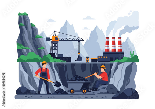 Adobe illustrator flat style illustration of a massive coal mining operation with an excavator, dump truck, a worker, and a factory with smokestacks. Ideal for heavy industry mining  themes