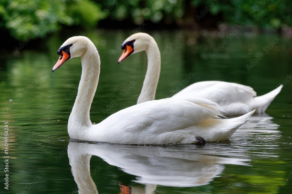 Obraz premium Elegant swans gracefully gliding across a serene pond in lush greenery