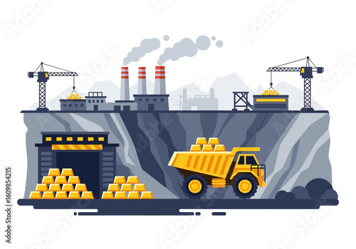 Adobe illustrator flat style illustration of a massive gold mine with an excavator, dump truck, large cave entrance, and factory buildings with smokestacks. Ideal for industrial mining
