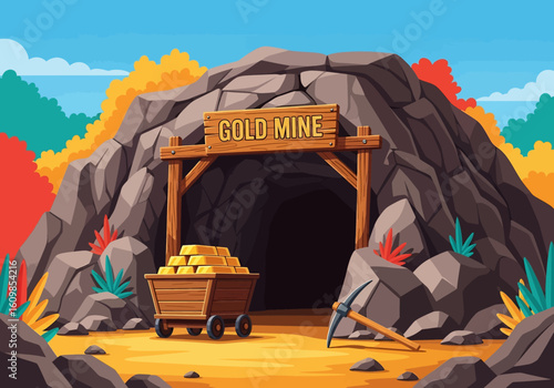 
Adobe illustrator flat style illustration of a gold mine entrance with a sign, a cart loaded with gold bars, and a pickaxe, surrounded by colorful foliage. Ideal for mining and wealth themes