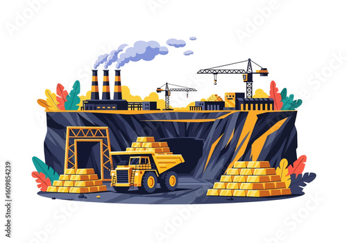 Adobe illustrator flat style illustration of a massive gold mine with an excavator, dump truck, large cave entrance, and factory buildings with smokestacks. Ideal for industrial mining