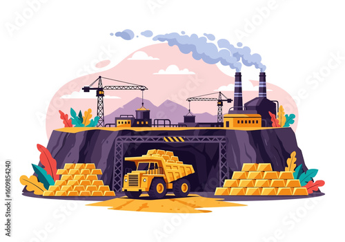 Adobe illustrator flat style illustration of a massive gold mine with an excavator, dump truck, large cave entrance, and factory buildings with smokestacks. Ideal for industrial mining