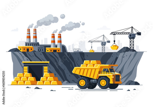 Adobe illustrator flat style illustration of a massive gold mine with an excavator, dump truck, large cave entrance, and factory buildings with smokestacks. Ideal for industrial mining