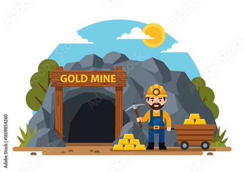 Adobe illustrator flat style illustration of a gold mine entrance with a miner holding a pickaxe and a cart full of gold bars under a sunny sky. Ideal for mining and wealth themes
