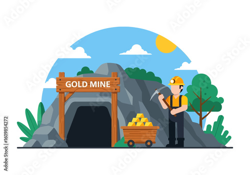 Adobe illustrator flat style illustration of a gold mine entrance with a miner holding a pickaxe and a cart full of gold bars under a sunny sky. Ideal for mining and wealth themes