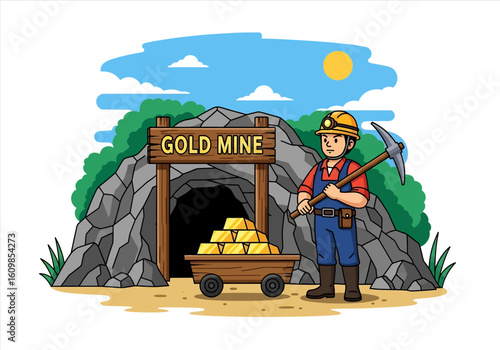 Adobe illustrator flat style illustration of a gold mine entrance with a miner holding a pickaxe and a cart full of gold bars under a sunny sky. Ideal for mining and wealth themes
