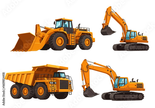 Adobe illustrator flat style illustration set of four heavy construction vehicles: dump trucks (front and side view), a wheel loader,  excavator. Ideal for construction, mining, and machinery themes