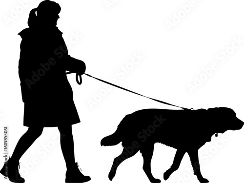 Silhouette of a woman walking alone with a dog, both looking forward.
No other elements, clean composition.
