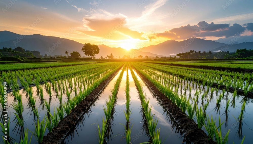 Fototapeta premium Serene Rice Paddy at Sunset: Reflections of Golden Light on Tranquil Water