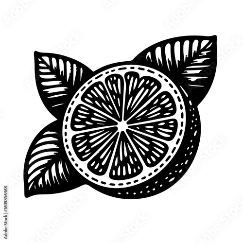 Black and White Citrus Slice with Leaves.