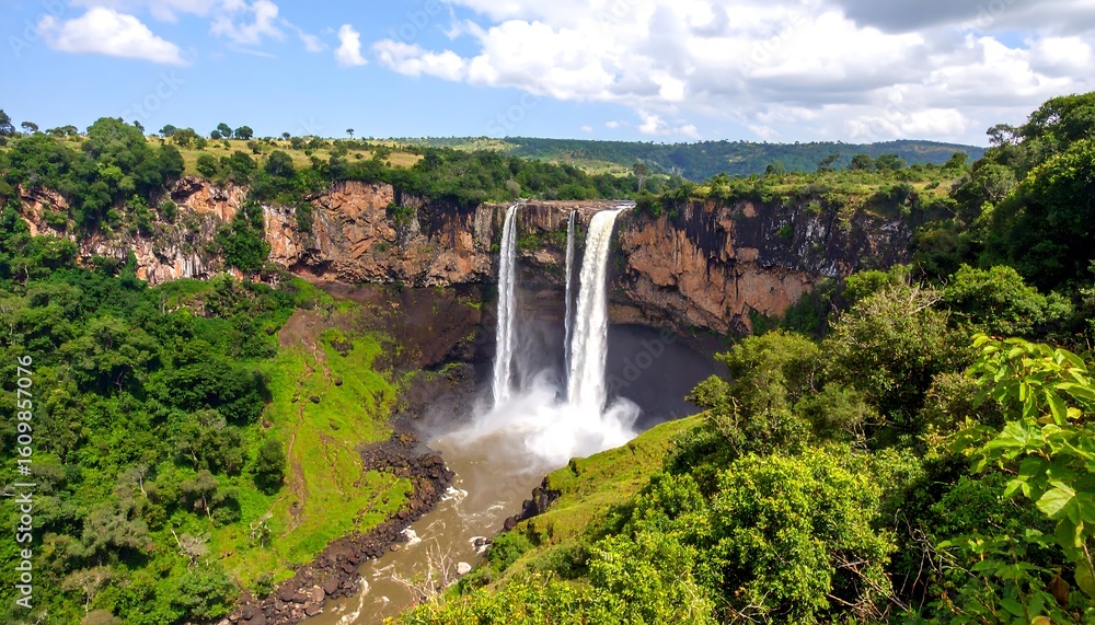 Fototapeta premium Dramatic waterfall cascading down a rocky cliff face, surrounded by lush green jungle foliage