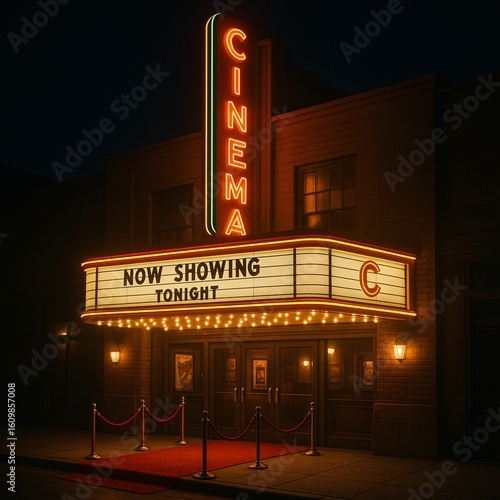 Vintage movie theater entrance with glowing neon signs and red carpet at night – cinematic nostalgia scene
