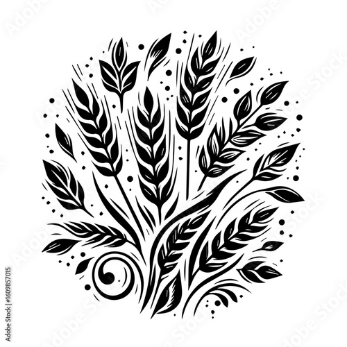 Black and White Wheat Stalks and Leaves Design.