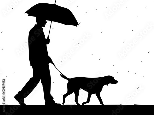 Silhouette of a man walking a dog in the rain, holding an umbrella.
The umbrella adds a distinct shape but remains simple.