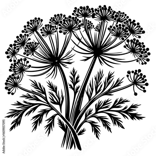 Black Silhouette of Dill Plant Umbel.
