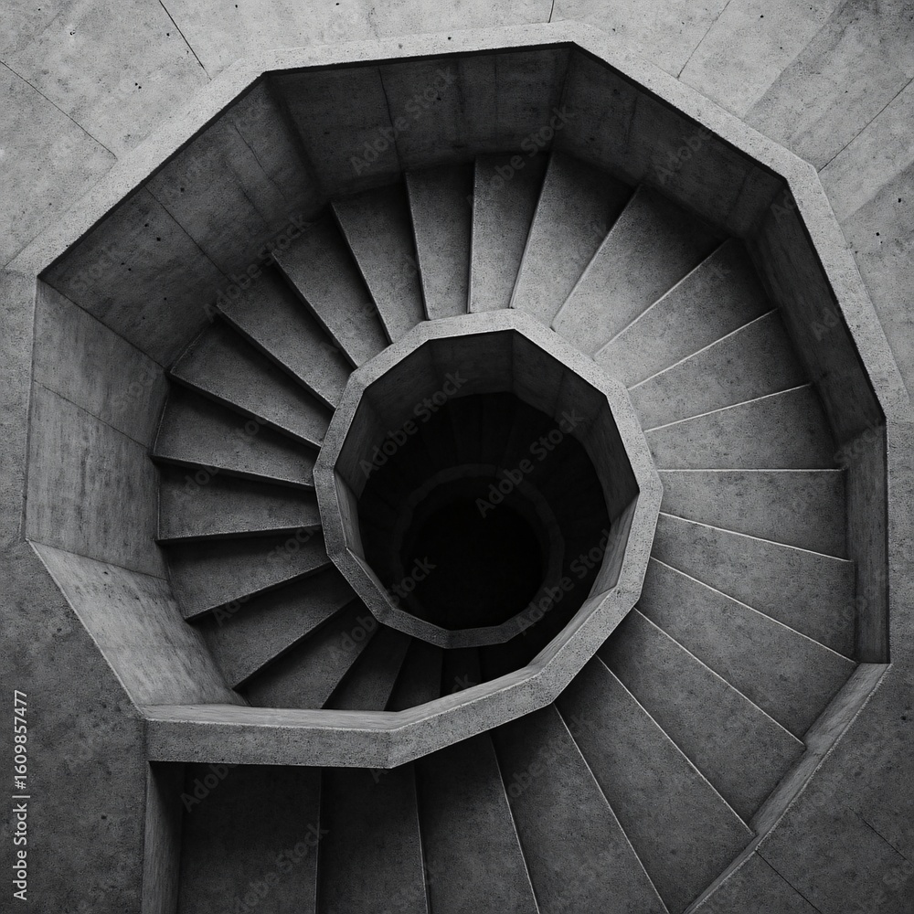 Fototapeta premium Brutalist staircase captured from above – spiral symmetry and concrete textures in monochrome