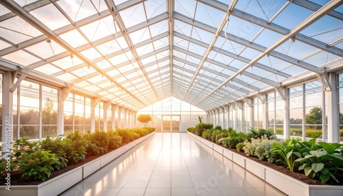 Sunlit Greenhouse Interior with Lush Plants and Geometric Glass Roof Structure