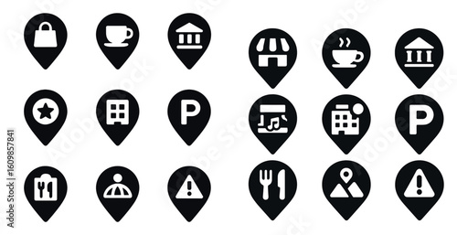 Set of icons for various locations, including a coffee shop, a bank, and a parking garage