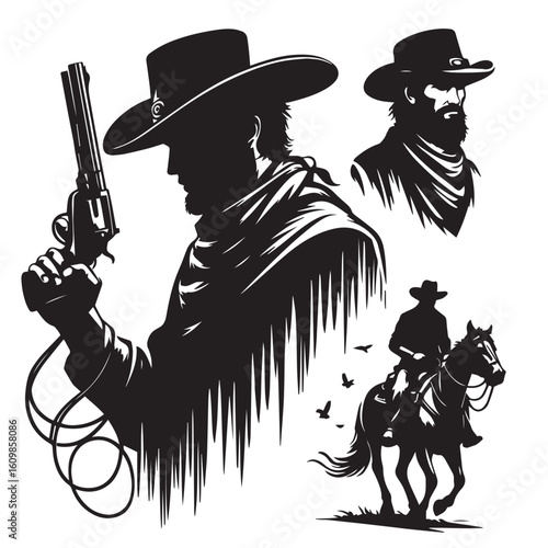 Silhouette of a Cowboy on Horseback at Sunset

Western Cowboy Silhouette Against Dramatic Sky

Cowboy Riding Horse – Vintage Wild West Silhouette

Lone Cowboy Silhouette with Hat and Lasso

