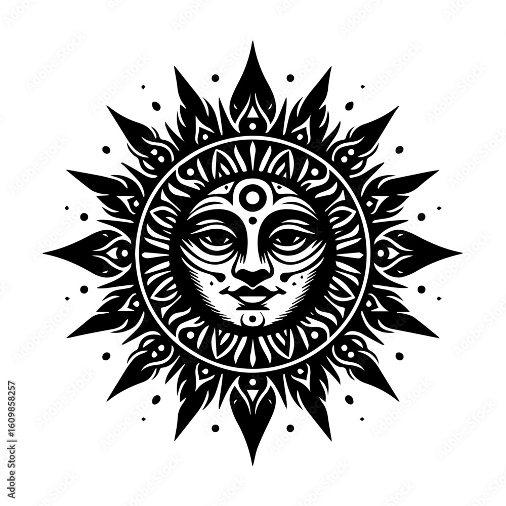 Obraz premium Ornate Sun Face with Fiery Rays.
