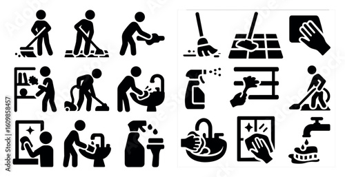Series of black and white images of people cleaning and maintaining a home. The images include a person cleaning a sink, a person cleaning a floor, and a person cleaning a window